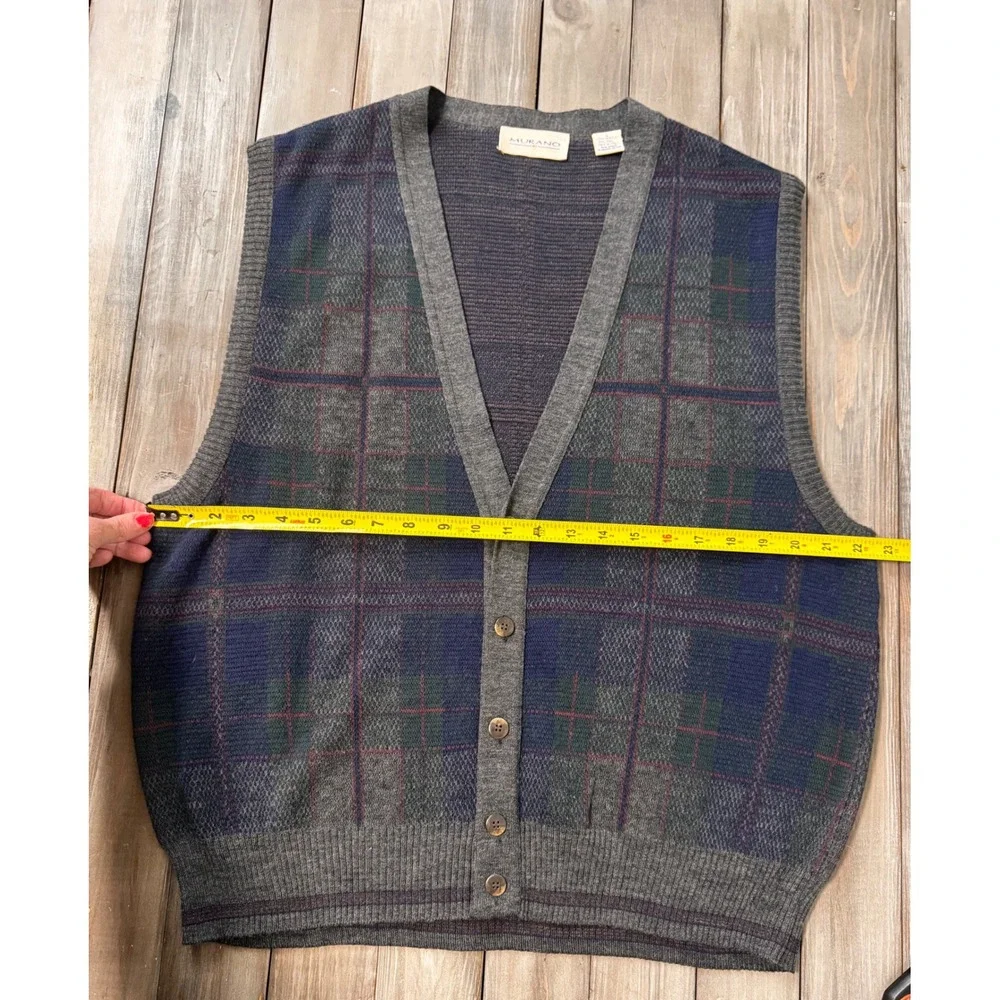 Vintage Murano Plaid V-Neck Button Front‎ Sweater Vest Size L Made in Italy